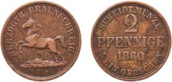 World Coins - Germany Duchy of Brunswick German states 1860 2 Pfennige - William Copper (147000) 2.99g VF  AKS 90 Jaeg 8 HB 254 KM 1155