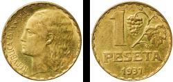 World Coins - Spain Second Republic 1937 1 Peseta "Rubia" Aluminium bronze (90% copper, 10% aluminium) Royal Mint of Spain (50000000) 4.96g AU  KM 755 Cal 2 Schön 21