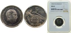 World Coins - Spain Nationalist Government 1957 *73 5 Pesetas - Francisco Franco (Copper-nickel) Copper-nickel (75% copper, 25% nickel) Madrid Mint (78000000) 5.75g NGC MS 65 KM 786