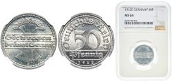 World Coins - Germany Weimar Republic 1922 E 50 Pfennig Aluminium Muldenhütten Mint (33930000) 1.65g NGC MS 64  KM 27 AKS 37 J 301 Schön 24