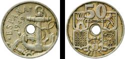 World Coins - Spain Nationalist Government 1949 51 50 Centimos (Anchor; Arrows up) Copper-nickel (75% copper, 25% nickel) Royal Mint of Spain (990000) 3.99g XF  KM 776 Cal 104