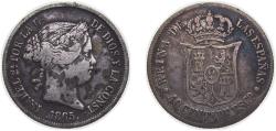 World Coins - Spain Kingdom 1865 40 Centimos de Escudo - Isabel II Silver (.810) Madrid Mint 5.08g VF KM 628.2