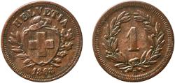 World Coins - Switzerland Federal State 1868 B 1 Rappen (Wreath; bronze) Bronze (95% copper, 4% tin, 1% zinc) Bern Mint (2000000) 1.5g XF  HMZ 2 1215 Divo/Tob19 326 KM 3 Schön 15 Y 18 Kahnt/Sch