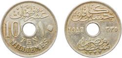World Coins - Egypt AH 1335 (1917) H	 10 Milliemes - Hussein Kamel Copper-nickel Heaton and Sons / The Mint Birmingham Limited (6000000) 5.75g XF  KM 316 Schön 28