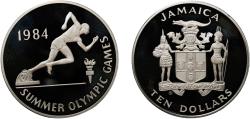 World Coins - Jamaica British colony 1984 CHI 10 Dollars (Summer Olympics) Silver (.925) Valcambi SA Mint (10000) 23.32g PF  KM 125 Schön 80