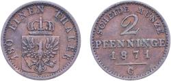 World Coins - Germany Kingdom of Prussia German states 1871 C 2 Pfenninge - William I Copper Frankfurt am Main Mint 2.99g XF  AKS 107 Old/Mue 2 425, 428, 432 KM 481 Neum 18 Schr 189-210