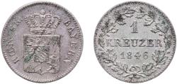 World Coins - Germany Kingdom of Bavaria 1846 1 Kreuzer - Louis I, Maximilian II Billon (.166 silver) Munich Mint (1849000) 0.8g AU  AKS 88, 155 Jaeg 5 Bay 58 KM 799