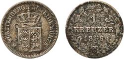 World Coins - Germany Kingdom of Württemberg German states 1866 1 Kreuzer - Karl I Billon (.166 silver) Staatliche Münze Baden-Württemberg Mint (780344) 0.81g VF  AKS 128 KR 116 Jaeg 1 Wu 82 KM