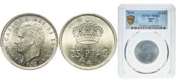 World Coins - Spain Kingdom 1975 25 Pesetas - Juan Carlos I (Mint Error Rotated Dies 180º) Copper-nickel (75% copper, 25% nickel) Madrid Mint (136000000) 8.5g PCGS MS 63  KM 808 Schön 41