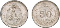 World Coins - Mexico United Mexican States 1925 M 50 Centavos Silver (.720) Mexico City Mint (3280000) 8.35g AU KM 447