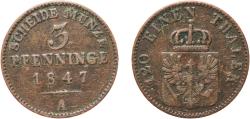 World Coins - Germany Kingdom of Prussia German states 1847 A 3 Pfenninge - Friedrich Wilhelm IV Copper Berlin Mint 4.32g VF  AKS 90 Old/Mue 2 335 Jaeg 9 Pr 52 KM 453 Neum 35 Schr 186-282