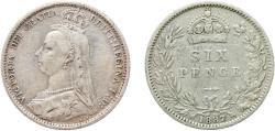 World Coins - Great Britain United Kingdom Kingdom 1887 6 Pence - Victoria (2nd portrait; 2nd reverse) Silver (.925) Royal Mint (Tower Hill) (3675600) 2.76g VF  KM 760 Sp 3929