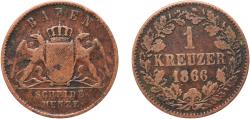 World Coins - Germany Grand Duchy of Baden German states 1866 1 Kreuzer - Friedrich I Copper Staatliche Münze Baden-Württemberg Mint (732410) 4.13g VF  KM 242 Jaeg 2 AB 81 AKS 132