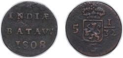 World Coins - Indonesia Netherlands East Indies 1808 ½ Duit (Batavia) Copper 1.5g VF KM 75
