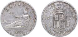 World Coins - Spain 1870 *18-74 DEM 2 Pesetas - Provisional Government Silver (.835) (14892932) 9.82g VF KM 654