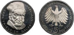 World Coins - Germany Federal Republic 1977 J 5 Deutsche Mark (Carl Friedrich Gauss) Silver (.625) (Copper .375) (250000) 11.21g BU  KM 145 J 420 Schön 144