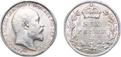 World Coins - Great Britain Kingdom 1908 6 Pence - Edward VII Silver (.925) (6739400) 2.8g UNC KM 799 Sp 3983