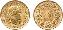 World Coins - Switzerland Federal State 1981 5 Rappen (Libertas; aluminium-bronze) Aluminium bronze (92% copper, 6% aluminium, 2% nickel) Bern Mint (79020000) 1.84g UNC  HMZ 2 1212 Divo/Tob19 –