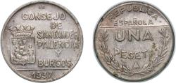 World Coins - Santander, Palencia and Burgos, Provinces of 1937 1 Peseta (Santander, Palencia and Burgos) Copper-nickel (300000) 5.34g XF KM 2
