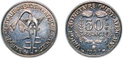 World Coins - Western African States 1997 50 Francs CFA (non-magnetic) Copper-nickel (75% Copper, 25% Nickel) (25760000) 5.02g BU KM 6 Schön 14