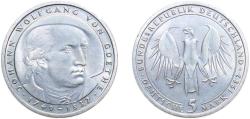 World Coins - Germany  Federal Republic of Germany 1982 D 5 Deutsche Mark (Johann Wolfgang von Goethe) Copper-nickel clad nickel Munich mint (8000000) 10g BU KM156 J432 Schön156