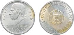World Coins - Germany - 1871-1948 Weimar Republic 1929 F 3 Reichsmark (Lessing) Silver (.500) (40120) 15g UNC KM 60 J 335 Schön DM 59