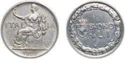 World Coins - Italy 1922 R 1 Lira - Victor Emmanuel III Nickel Rome Mint (82266500) 8.1g AU KM 62