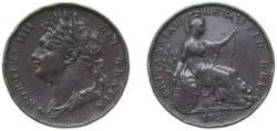 World Coins - Great Britain United Kingdom 1822 1 Farthing - George IV (1st issue) Copper Royal Mint (Tower Hill) (5924300) 4.7g AU Rim Damage KM 677 Sp 3822