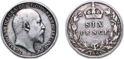 World Coins - Great Britain 1903 6 Pence - Edward VII Silver (.925) Royal Mint (Tower Hill) (5410000) 2.8g VF KM 799 Sp 3983