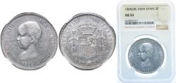 World Coins - Spain Kingdom 1888 *18-88 MSM 5 Pesetas - Alfonso XIII (1st portrait) Silver (.900) Madrid Mint 25g NGC AU 53  KM 689