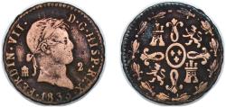 World Coins - Spain Kingdom 1833 2 Maravedis - Ferdinand VII (Segovia) Copper Segovia Mint 2.43g VF KM 487