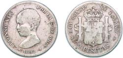 World Coins - Spain Kingdom 1892 PGM 2 Pesetas - Alfonso XIII (1st portrait) Silver (.835) MADRID MINT (559000) 9.76g VF KM 692 Cal 29