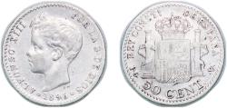World Coins - Spain Kingdom 1896 *9-6 PGV 50 Centimos - Alfonso XIII (3rd portrait) Silver (.835) (296930) 2.48g XF  KM 705