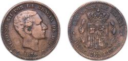 World Coins - Spain Kingdom 1878 OM 10 Centimos - Alfonso XII Bronze (95% copper, 4% tin, 1% zinc) Barcelona Mint (68740000) 10g VF KM 675 Cal 66