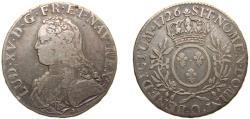World Coins - France Kingdom 1726 O 1 Écu - Louis XV Silver (.917) Riom Mint (908351) 29.1g VF Dy royales 1675 GadR 321 KM 486 Ciani 2117