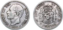 World Coins - Spain Kingdom 1882 *18-82 MSM 2 Pesetas - Alfonso XII Silver (.835) Madrid Mint (20342803) 9.81g VF  KM 678 Cal 46