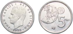 World Coins - Spain Kingdom 1975 *80 5 Pesetas - Juan Carlos I (España '82; Error mule Mundial) Copper-nickel (75% copper, 25% nickel) Madrid Mint (40000) 5.72g UNC  KM 811 Cal 124 Schön 47