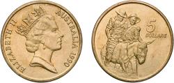 World Coins - Australia 1990 5 Dollars - Elizabeth II (3rd Portrait - ANZAC 75 Years) Aluminium bronze (92% Copper, 6% Aluminium, 2% Nickel) Royal Australian Mint (1000050) 28.04g BU  KM 134