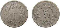 Us Coins - United States Federal republic 1867 5 Cents "Shield Nickel" (without rays) Copper-nickel (.750 Cu, .250 Ni) Philadelphia mint (28890500) 5g VF KM97