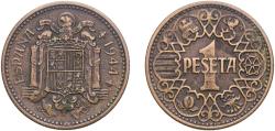 World Coins - Spain Nationalist Government 1944 1 Peseta (1) Aluminium bronze (92.5% copper, 7.5% aluminium) Royal Mint of Spain (150000000) 3.44g XF  KM 767 Cal 74 Schön 25