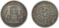 World Coins - Germany Free Hanseatic city of Hamburg Second Empire 1876 J 2 Mark Silver (.900) Hamburg Mint (2325000) 10.9g VF KM 604 J 61