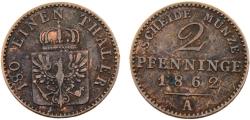World Coins - Germany States Kingdom of Prussia Wilhelm I 1862 A 2 Pfenninge