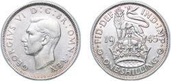 World Coins - Great Britain 1945 1 Shilling - George VI (English crest; with 'IND:IMP') Silver (.500) (15143400) 5.6g XF KM 853 Sp 4082