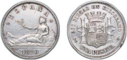 World Coins - Spain Provisional Government 1870 *18-70 SN-M 1 Peseta - Provisional Government (ESPAÑA) Silver (.835) Madrid Mint (3865000) 5g UNC Rim Damage KM 653 Cal 15