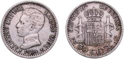 World Coins - Spain Kingdom 1904 PCV *1-0 50 Centimos - Alfonso XIII (4th portrait) Silver (.835) Royal Mint of Spain (1303000) 2.46g XF  KM 723
