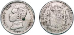 World Coins - Spain Kingdom 1905 SMV 1 Peseta - Alfonso XIII (Contemporary counterfeit) Silver 5.08g VF KM 721
