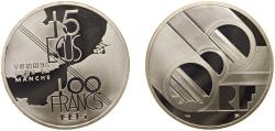 World Coins - France Fifth Republic 1994 15 ECUs / 100 Francs (Channel Tunnel) Silver (.900) (20000) 22.2g PF KM 1060