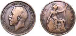World Coins - Great Britain Kingdom 1917 1 Penny - George V Bronze (107905400) 9.23g VF KM 810 Sp 4051-3