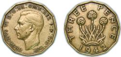 World Coins - Great Britain United Kingdom 1942 3 Pence - George VI (with 'IND:IMP') Nickel brass (79% Cu, 20% Zn, 1% Ni) (103214400) 6.8g XF KM 849 Sp 4112
