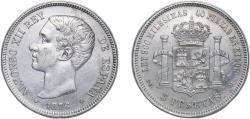 World Coins - Spain Kingdom 1876 *18-76 DEM 5 Pesetas - Alfonso XII (1st portrait; legend in edge) Silver (.900) Madrid Mint (8547961) 25g AU KM 671 Cal 25